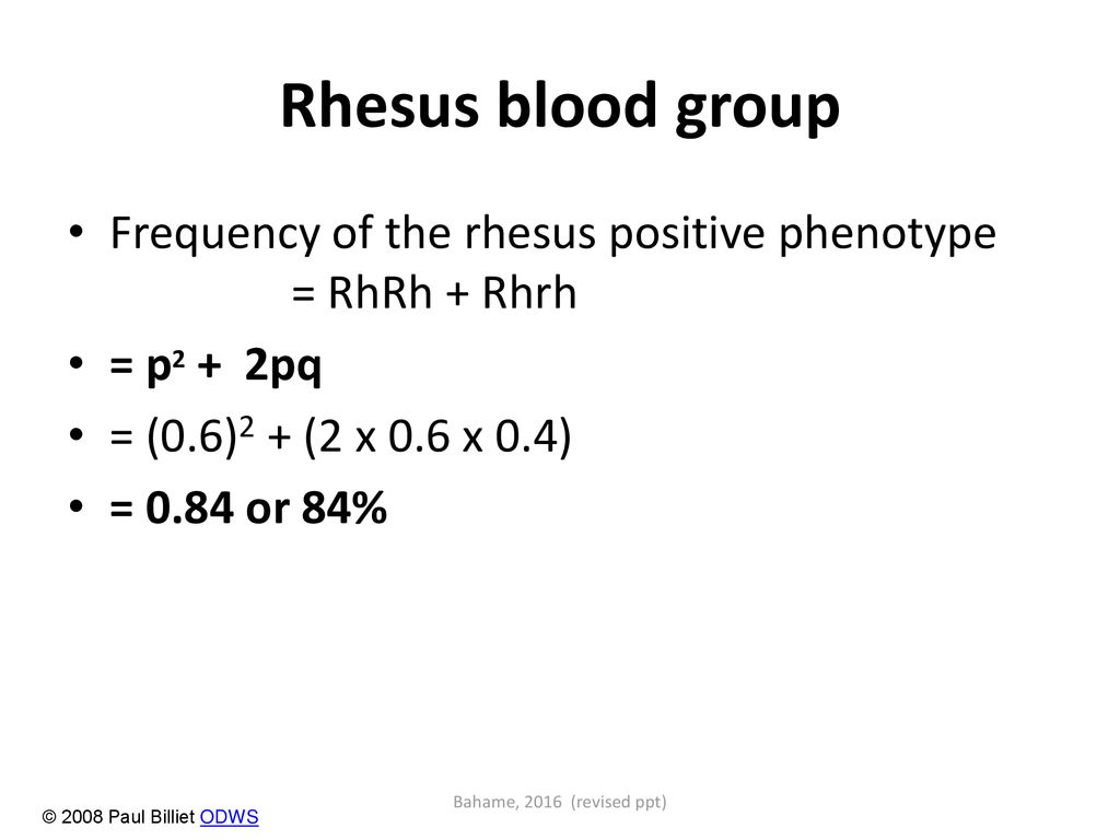 Rhesus blood group Frequency of the rhesus positive phenotype = RhRh + Rhrh. = p2 + 2pq. = (0.6)2 + (2 x 0.6 x 0.4)