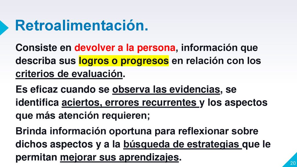 Retroalimentación. Consiste en devolver a la persona, información que describa sus logros o progresos en relación con los criterios de evaluación.
