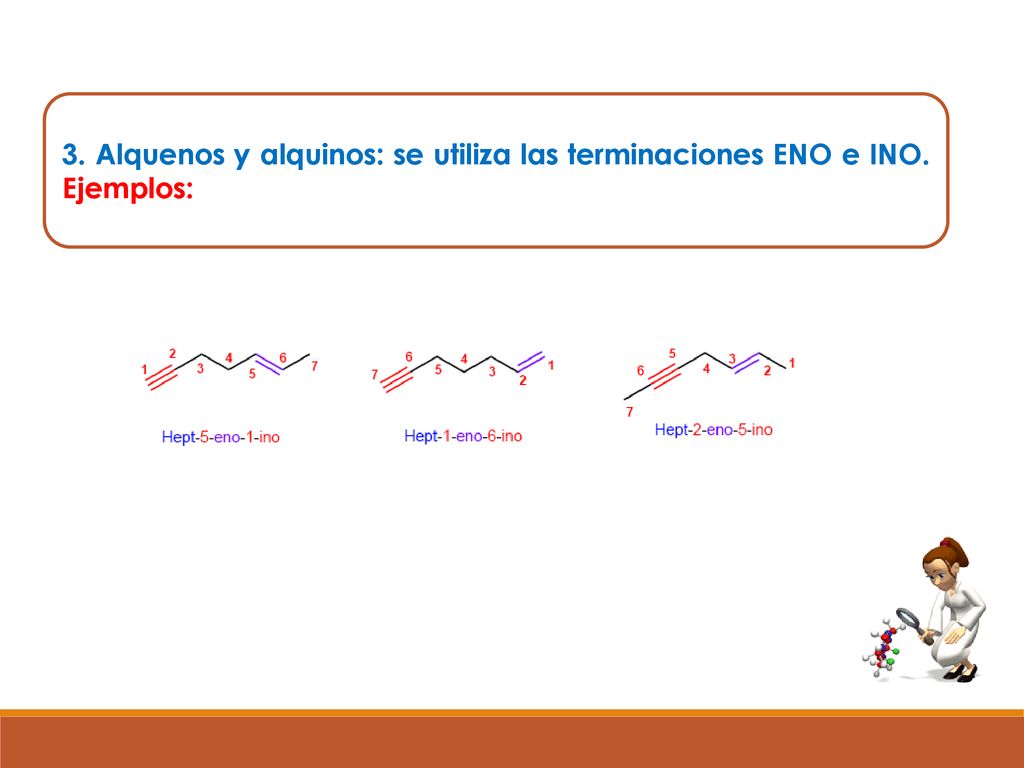 3. Alquenos y alquinos: se utiliza las terminaciones ENO e INO