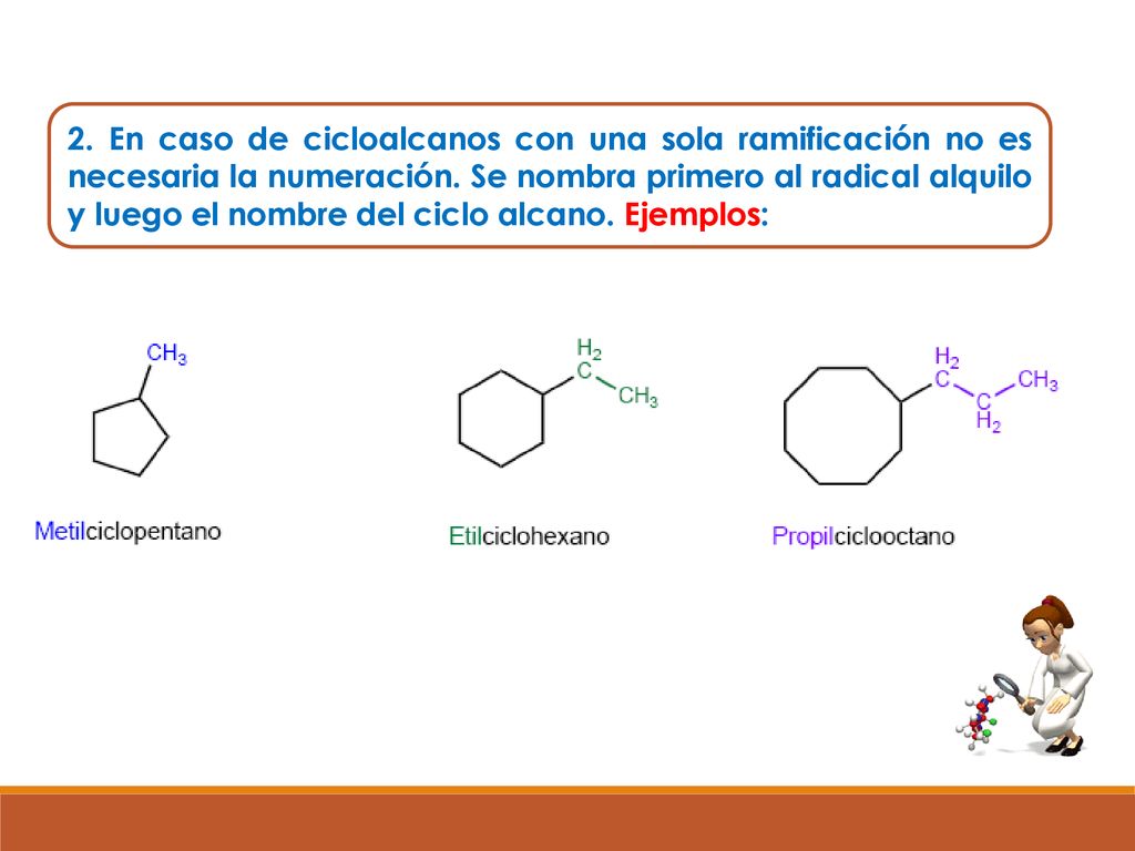2. En caso de cicloalcanos con una sola ramificación no es necesaria la numeración.