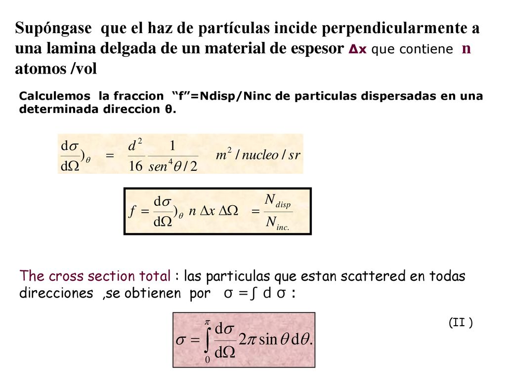 Supóngase que el haz de partículas incide perpendicularmente a una lamina delgada de un material de espesor ∆x que contiene n atomos /vol