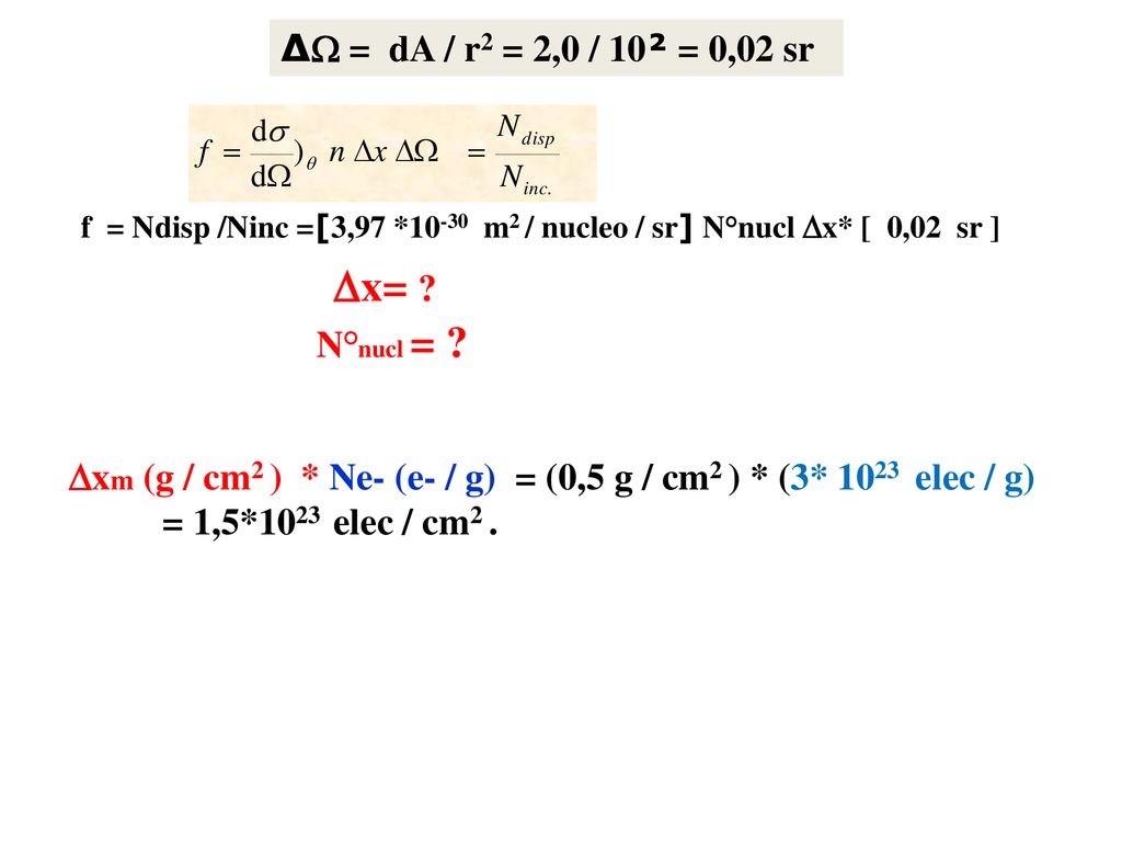 x= ∆ = dA / r2 = 2,0 / 10² = 0,02 sr N°nucl =