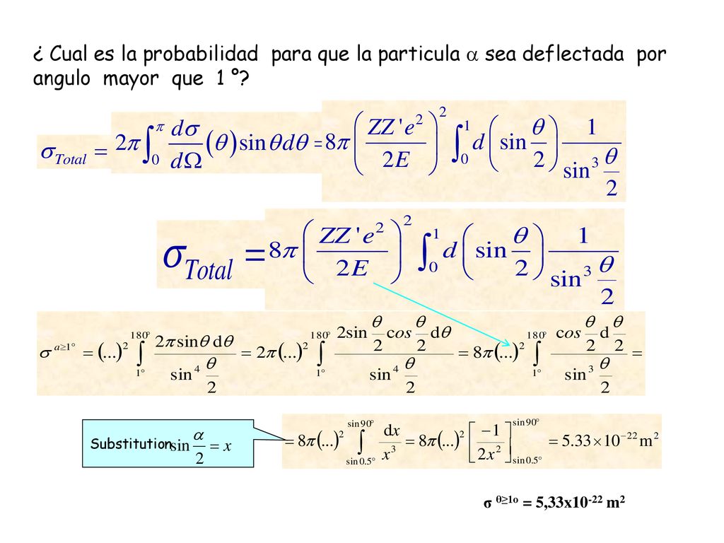 ¿ Cual es la probabilidad para que la particula a sea deflectada por angulo mayor que 1 °