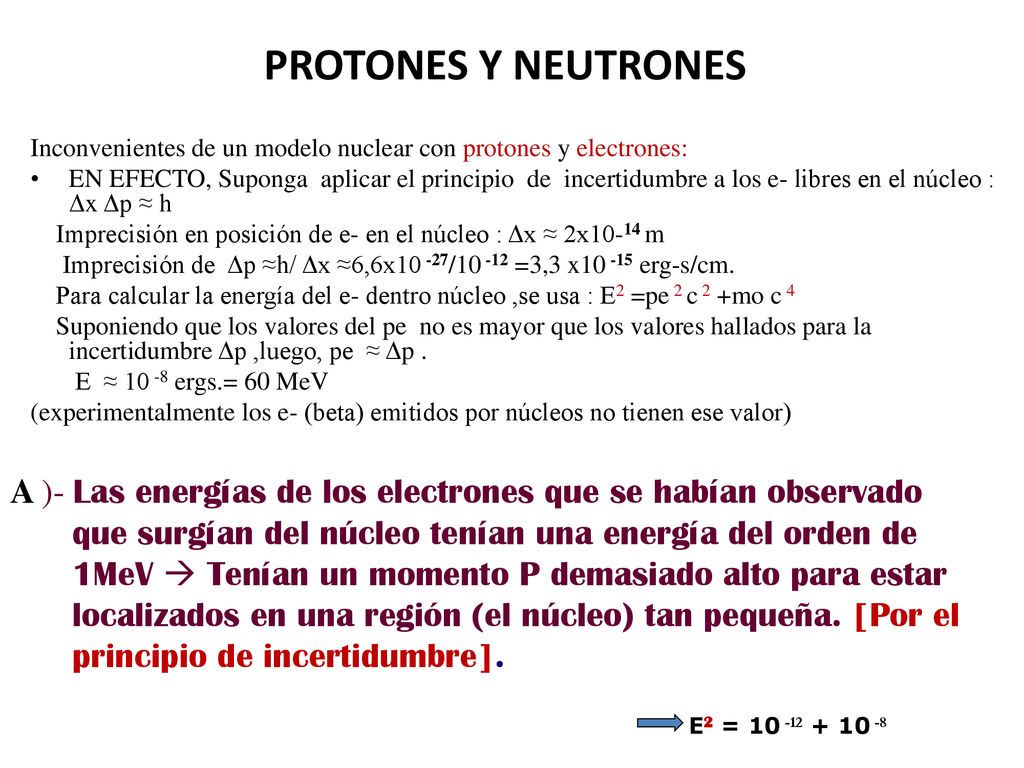 PROTONES Y NEUTRONES Inconvenientes de un modelo nuclear con protones y electrones: