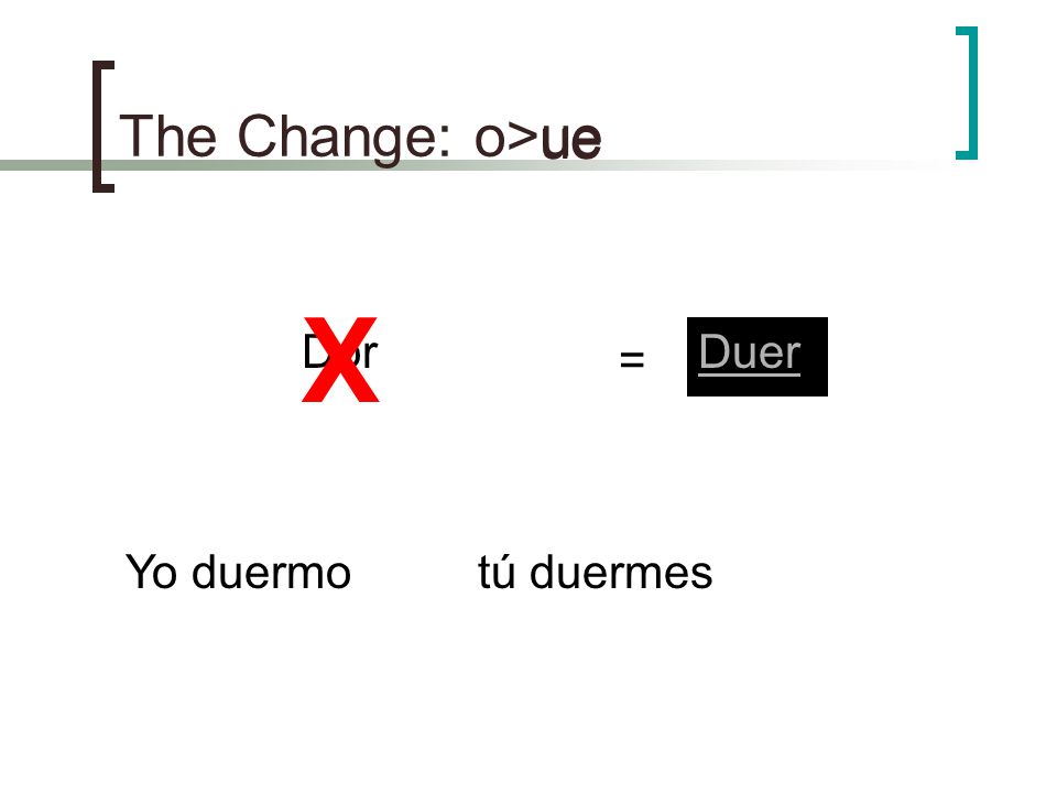 The Change: o>ue ue X Dor Duer = Yo duermo tú duermes
