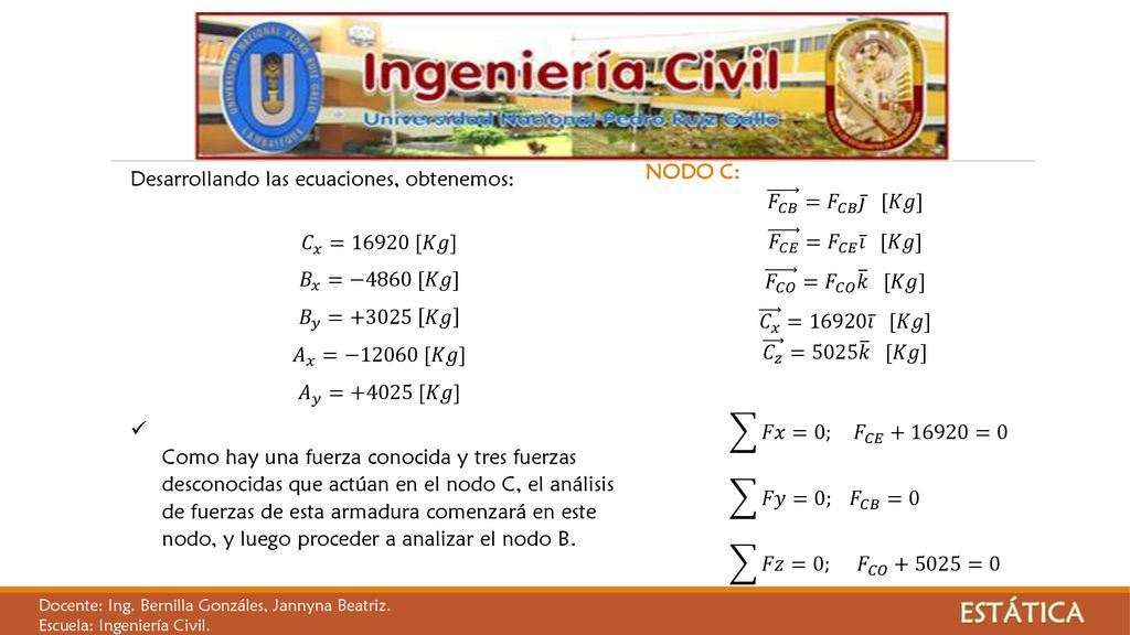 ESTÁTICA NODO C: 𝐹 𝐶𝐵 = 𝐹 𝐶𝐵 𝑗 [𝐾𝑔]