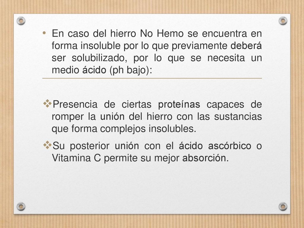En caso del hierro No Hemo se encuentra en forma insoluble por lo que previamente deberá ser solubilizado, por lo que se necesita un medio ácido (ph bajo):