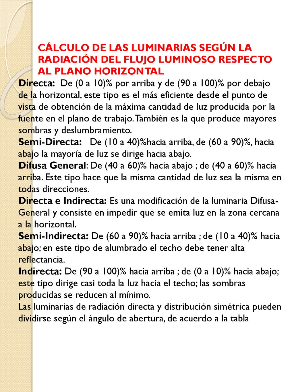 CÁLCULO DE LAS LUMINARIAS SEGÚN LA RADIACIÓN DEL FLUJO LUMINOSO RESPECTO AL PLANO HORIZONTAL