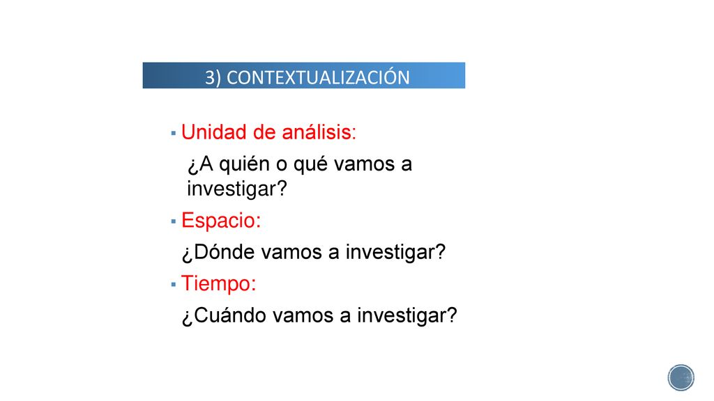3) CONTEXTUALIZACIÓN Unidad de análisis: ¿A quién o qué vamos a investigar Espacio: ¿Dónde vamos a investigar
