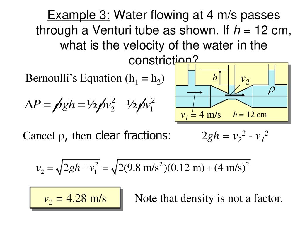 Example 3: Water flowing at 4 m/s passes through a Venturi tube as shown. If h = 12 cm, what is the velocity of the water in the constriction