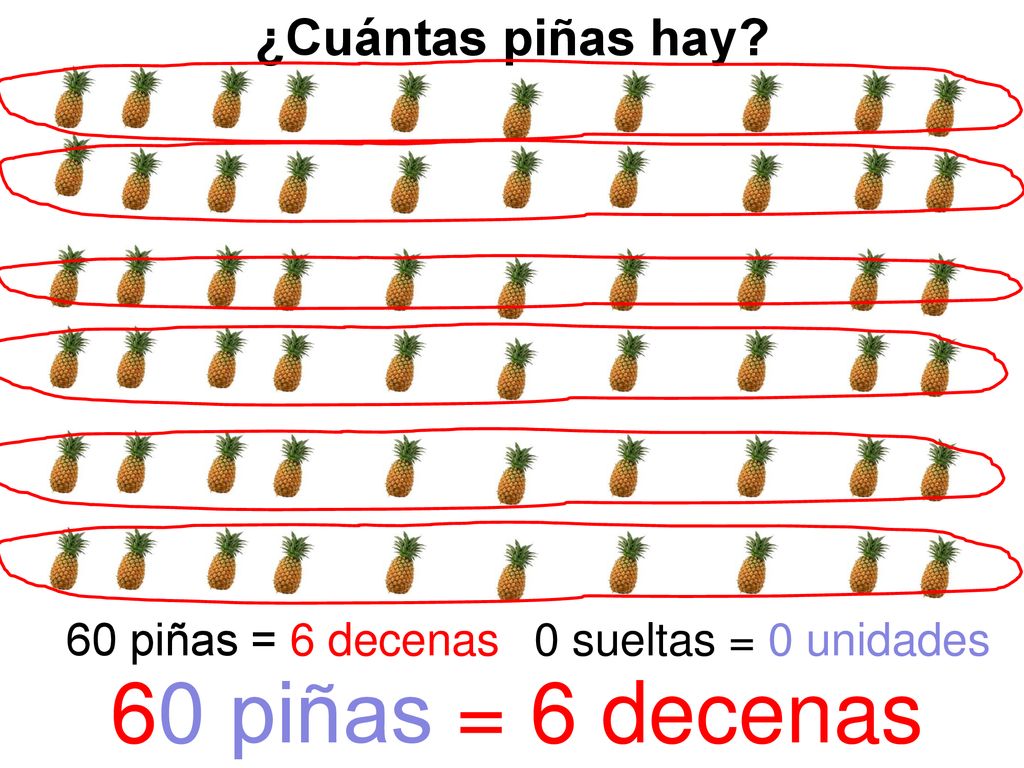 60 piñas = 6 decenas ¿Cuántas piñas hay 60 piñas = 6 decenas