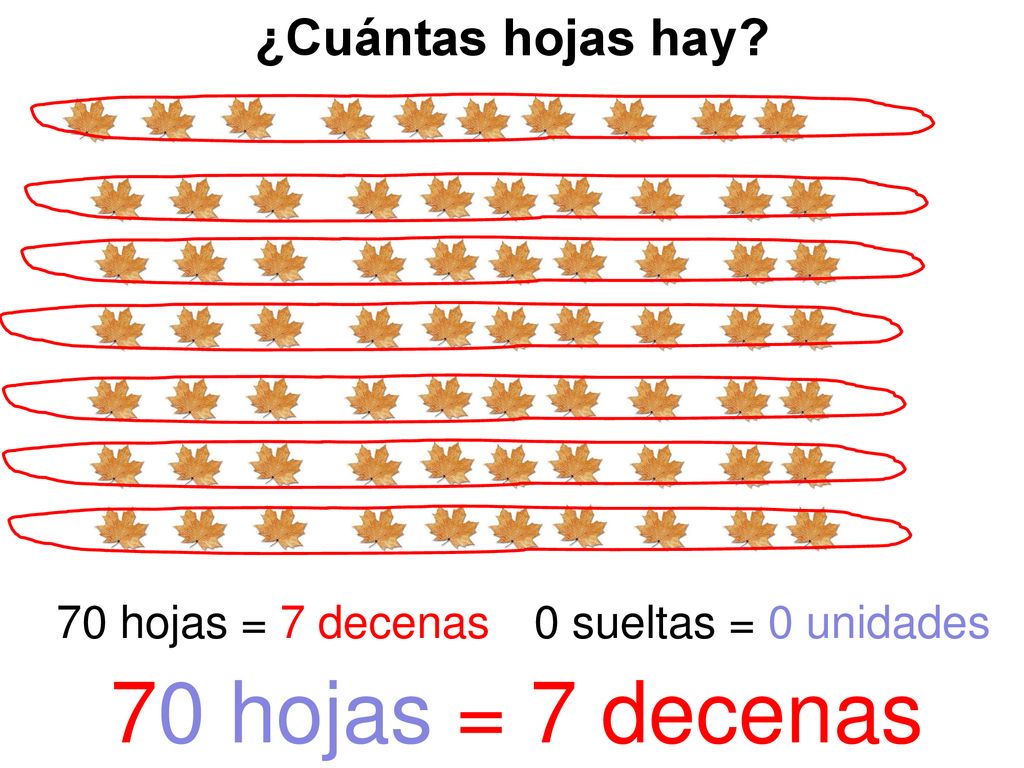 70 hojas = 7 decenas ¿Cuántas hojas hay 70 hojas = 7 decenas