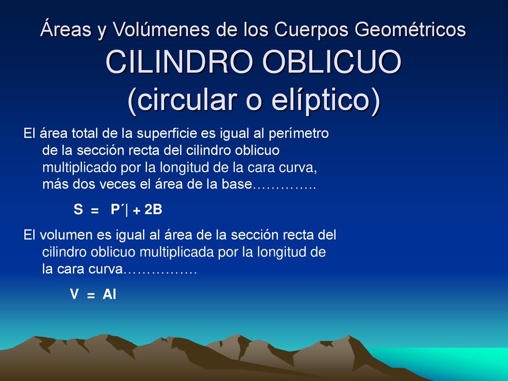 Áreas y Volúmenes de los Cuerpos Geométricos CILINDRO OBLICUO (circular o elíptico)