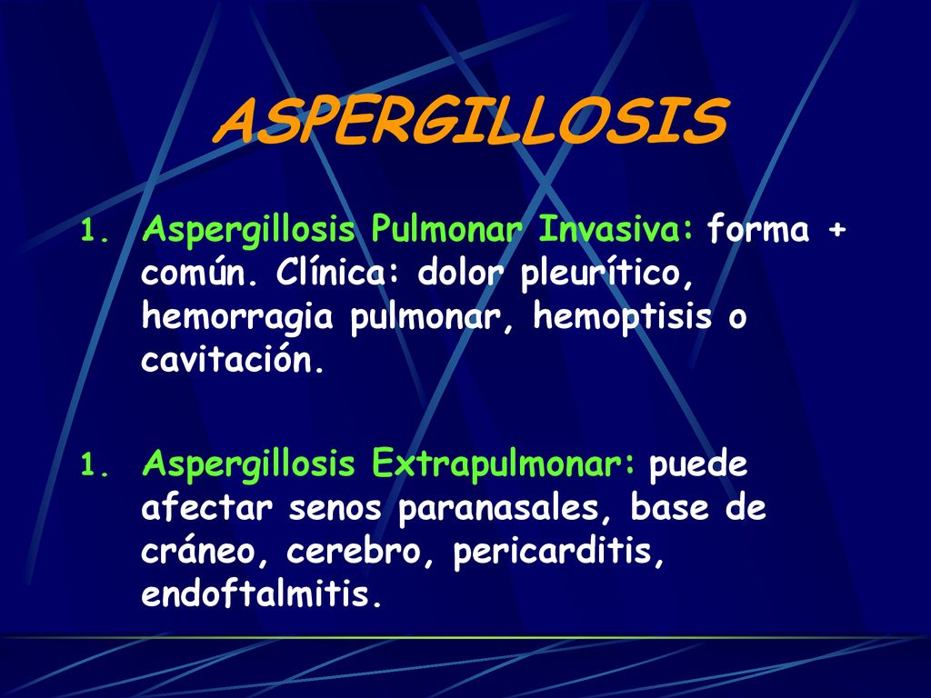 ASPERGILLOSIS Aspergillosis Pulmonar Invasiva: forma + común. Clínica: dolor pleurítico, hemorragia pulmonar, hemoptisis o cavitación.