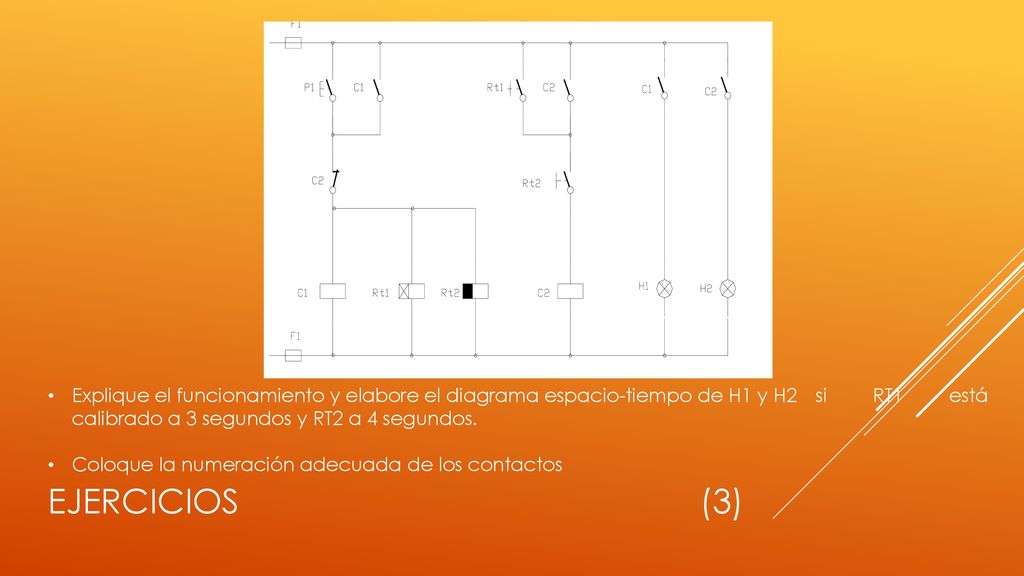 Explique el funcionamiento y elabore el diagrama espacio-tiempo de H1 y H2 si RT1 está calibrado a 3 segundos y RT2 a 4 segundos.