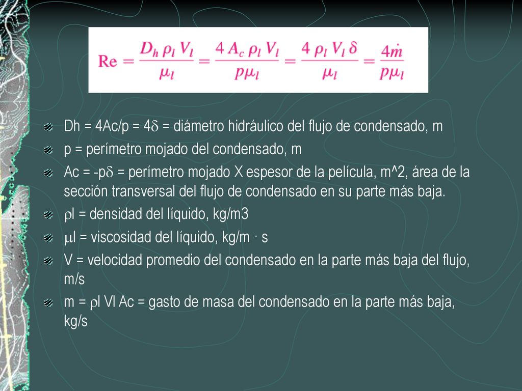 Dh = 4Ac/p = 4d = diámetro hidráulico del flujo de condensado, m