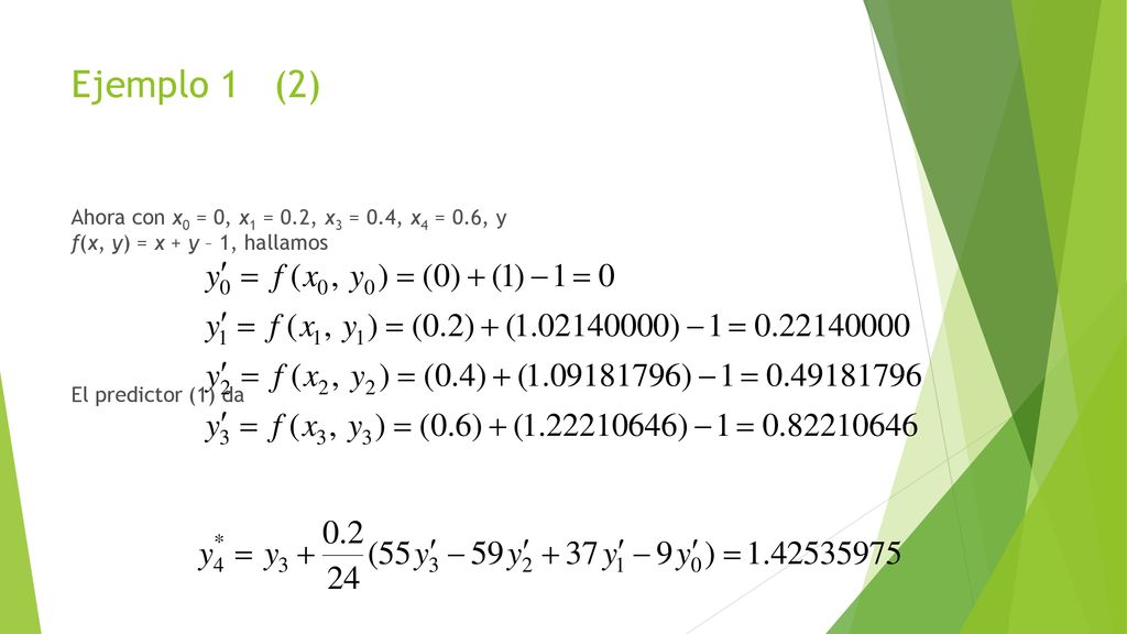 Ejemplo 1 (2) Ahora con x0 = 0, x1 = 0.2, x3 = 0.4, x4 = 0.6, y f(x, y) = x + y – 1, hallamos El predictor (1) da.