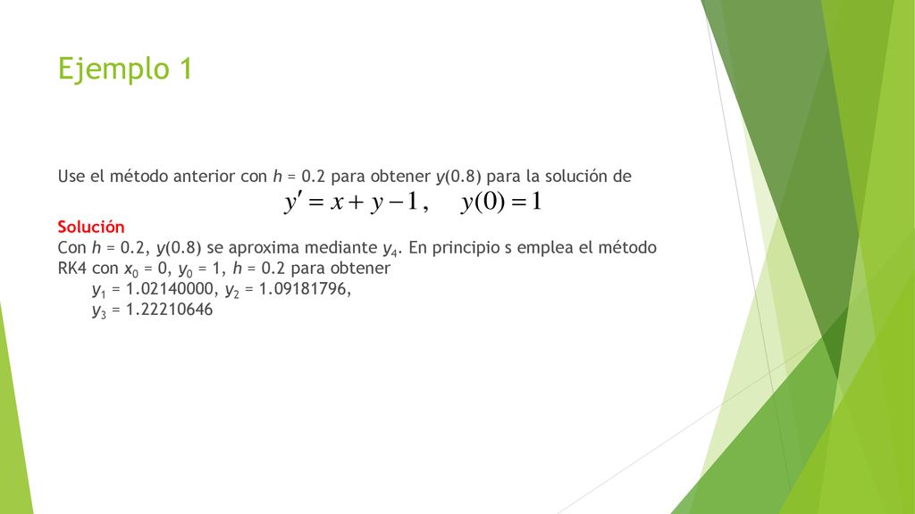 Ejemplo 1 Use el método anterior con h = 0.2 para obtener y(0.8) para la solución de.