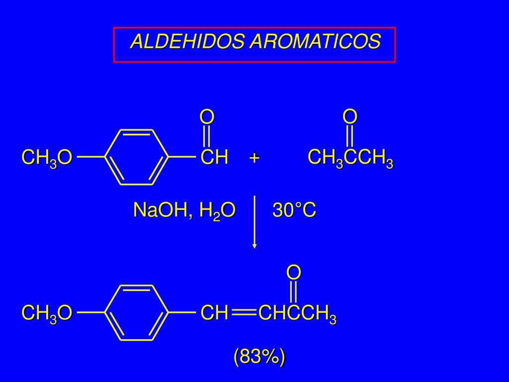 ALDEHIDOS AROMATICOS CH3O CH O CH3CCH3 O + NaOH, H2O 30°C CH3O CH