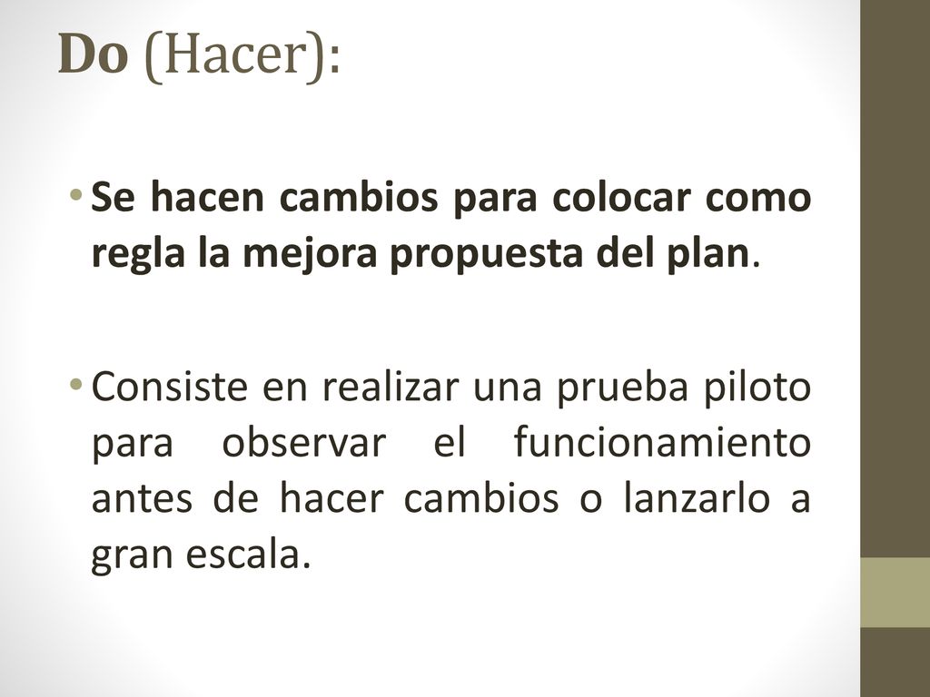 Do (Hacer): Se hacen cambios para colocar como regla la mejora propuesta del plan.