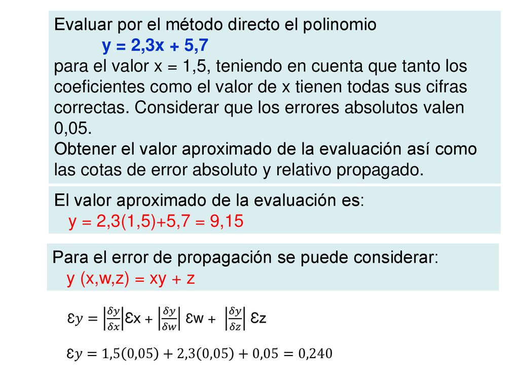 Evaluar por el método directo el polinomio y = 2,3x + 5,7