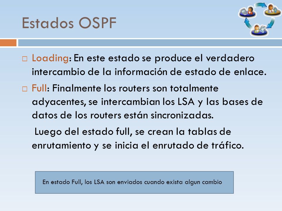 Estados OSPF Loading: En este estado se produce el verdadero intercambio de la información de estado de enlace.