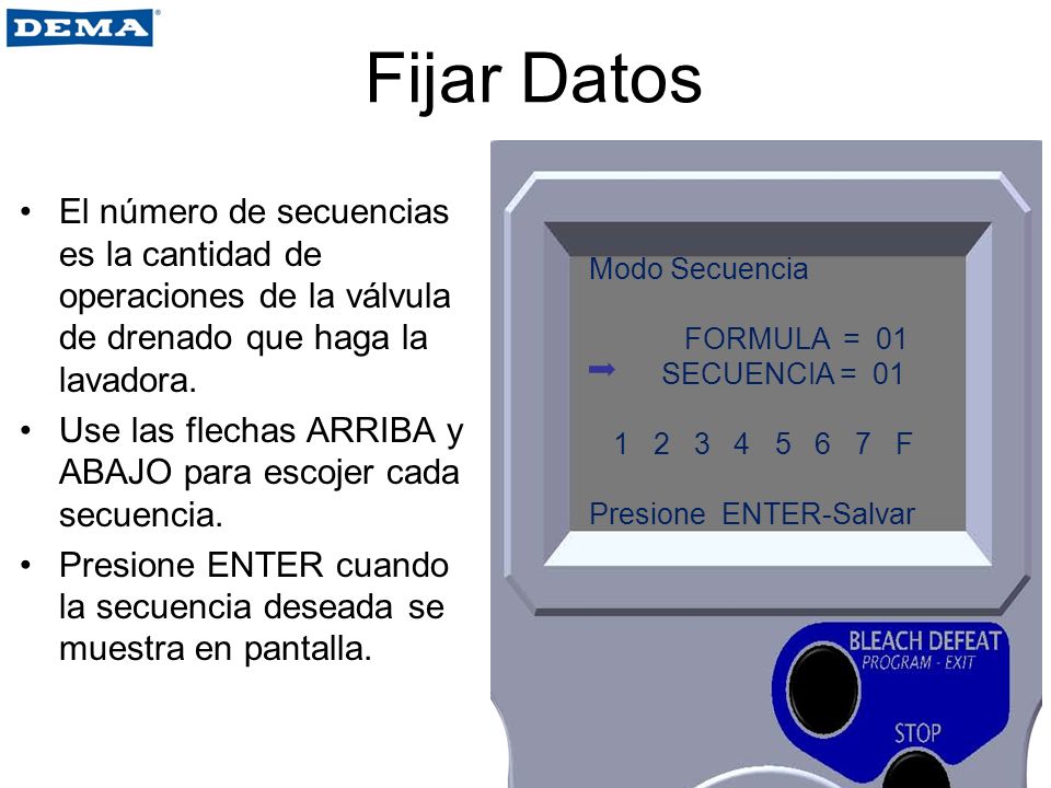 Fijar Datos El número de secuencias es la cantidad de operaciones de la válvula de drenado que haga la lavadora.