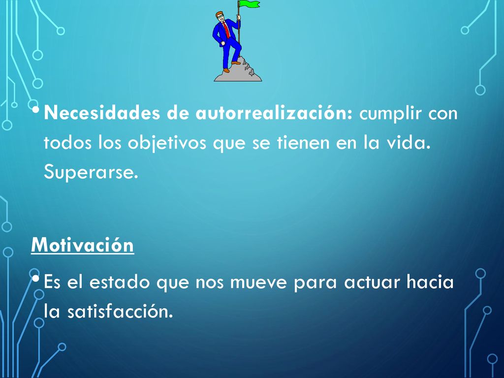 Necesidades de autorrealización: cumplir con todos los objetivos que se tienen en la vida. Superarse.