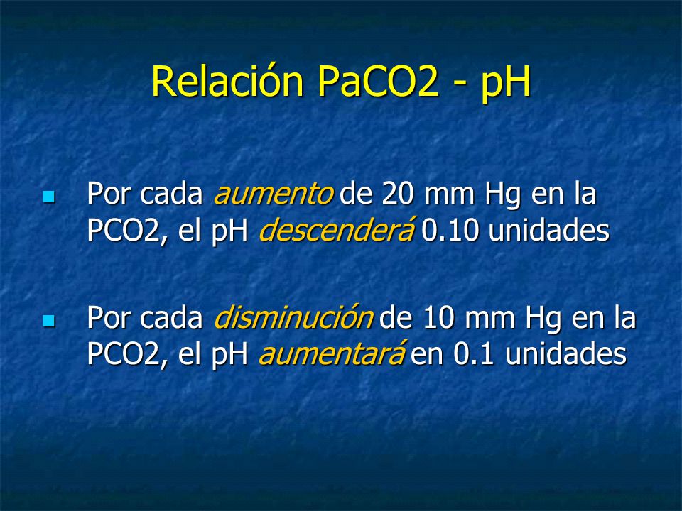 Relación PaCO2 - pH Por cada aumento de 20 mm Hg en la PCO2, el pH descenderá 0.10 unidades.