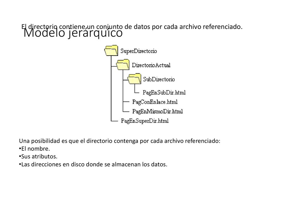 Modelo jerárquico El directorio contiene un conjunto de datos por cada archivo referenciado.