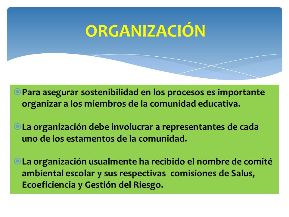 ORGANIZACIÓN Para asegurar sostenibilidad en los procesos es importante organizar a los miembros de la comunidad educativa.
