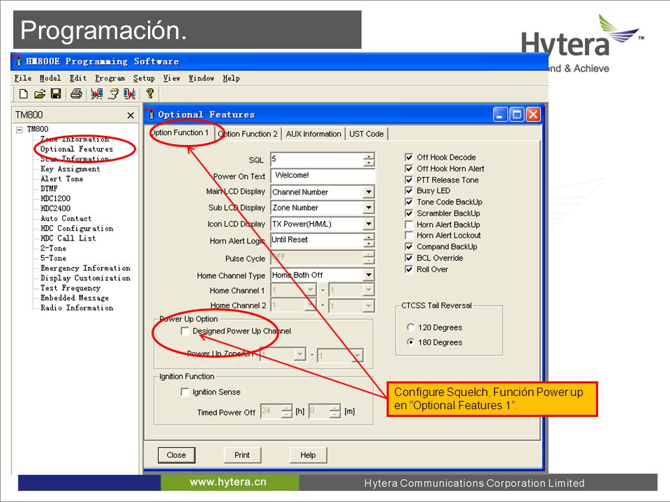 Programación. Configure Squelch, Función Power up en Optional Features 1 .