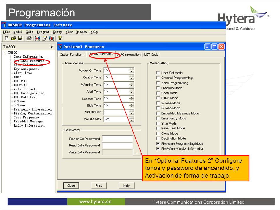 Programación En Optional Features 2 Configure tonos y password de encendido, y Activacion de forma de trabajo.