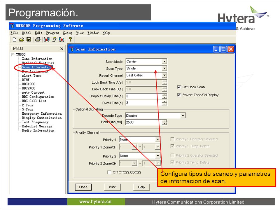 Programación. Configura tipos de scaneo y parametros de informacion de scan.