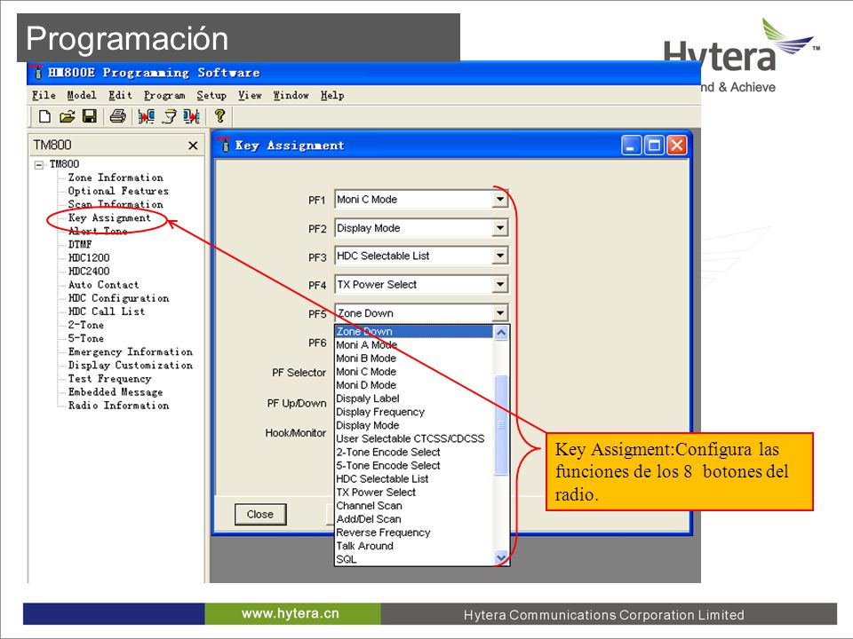 Programación Key Assigment:Configura las funciones de los 8 botones del radio.