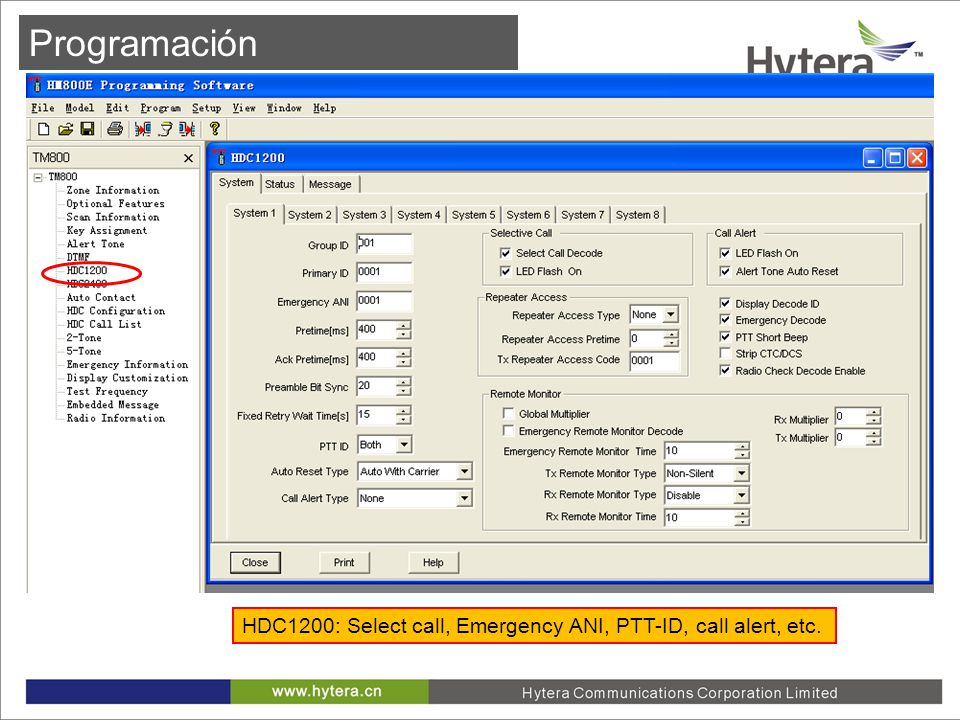 Programación HDC1200: Select call, Emergency ANI, PTT-ID, call alert, etc.