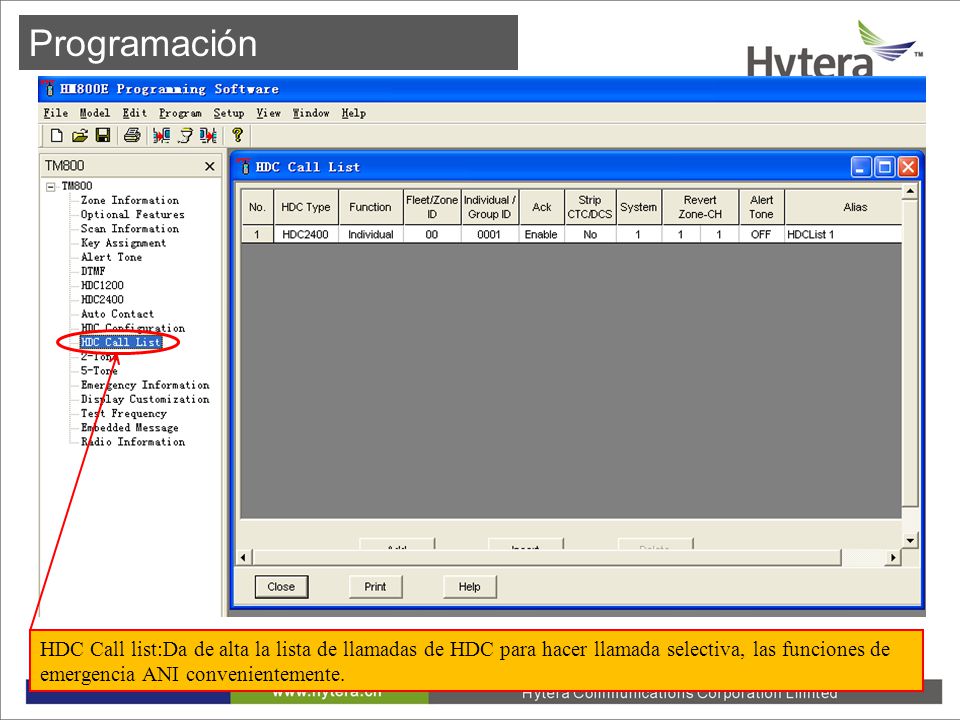 Programación HDC Call list:Da de alta la lista de llamadas de HDC para hacer llamada selectiva, las funciones de emergencia ANI convenientemente.
