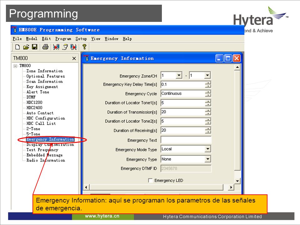 Programming Emergency Information: aquí se programan los parametros de las señales de emergencia.