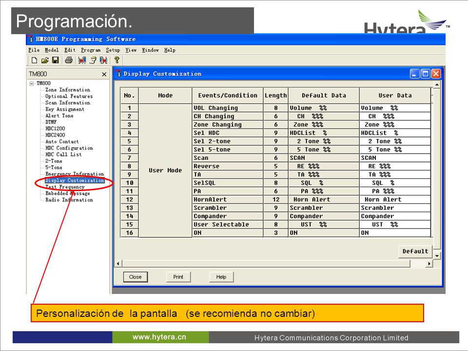 Programación. Personalización de la pantalla (se recomienda no cambiar)