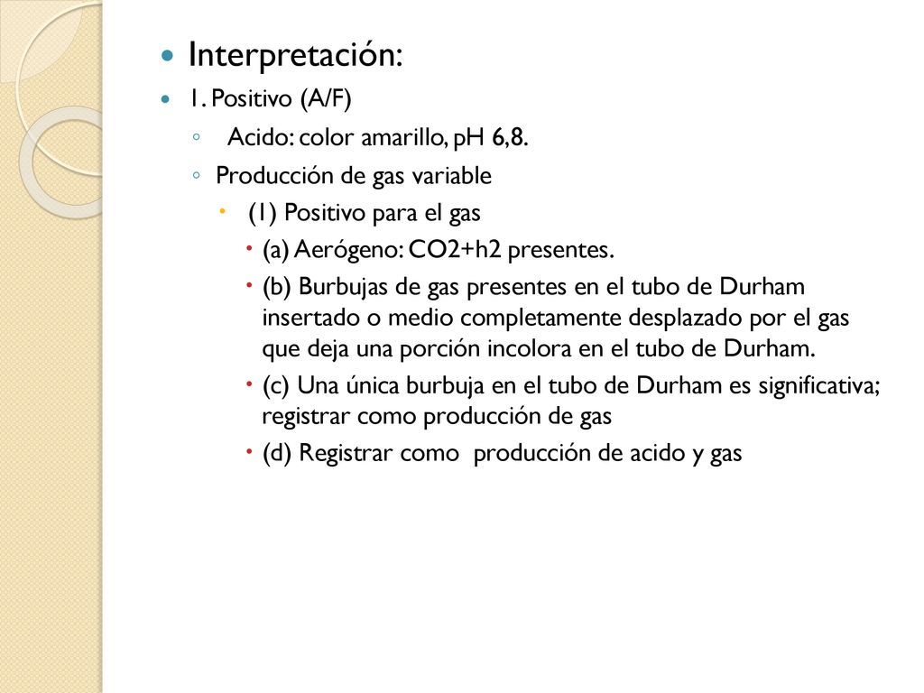 Interpretación: 1. Positivo (A/F) Acido: color amarillo, pH 6,8.