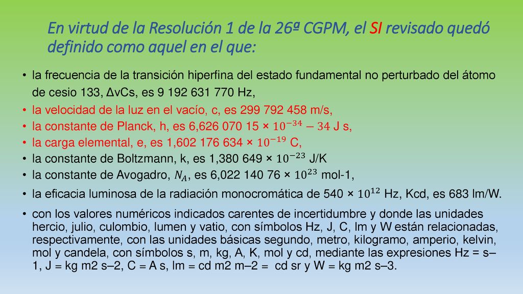 En virtud de la Resolución 1 de la 26ª CGPM, el SI revisado quedó definido como aquel en el que: