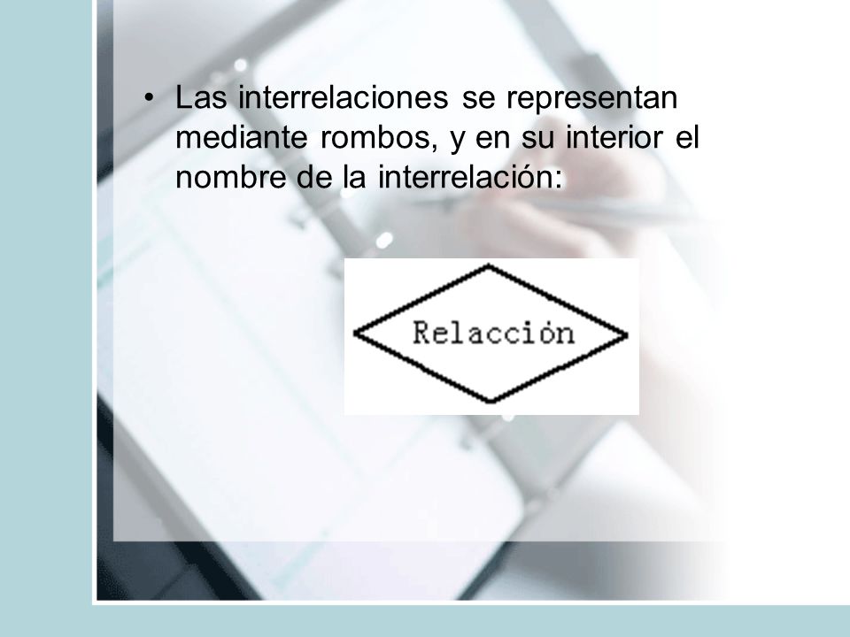 Las interrelaciones se representan mediante rombos, y en su interior el nombre de la interrelación: