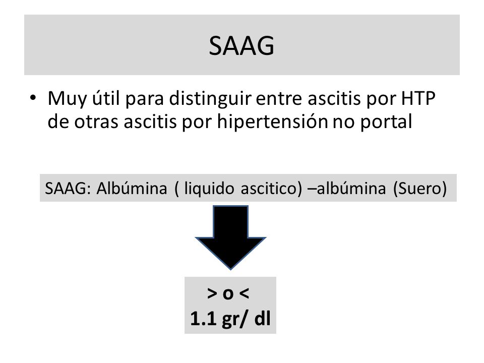 SAAG Muy útil para distinguir entre ascitis por HTP de otras ascitis por hipertensión no portal.