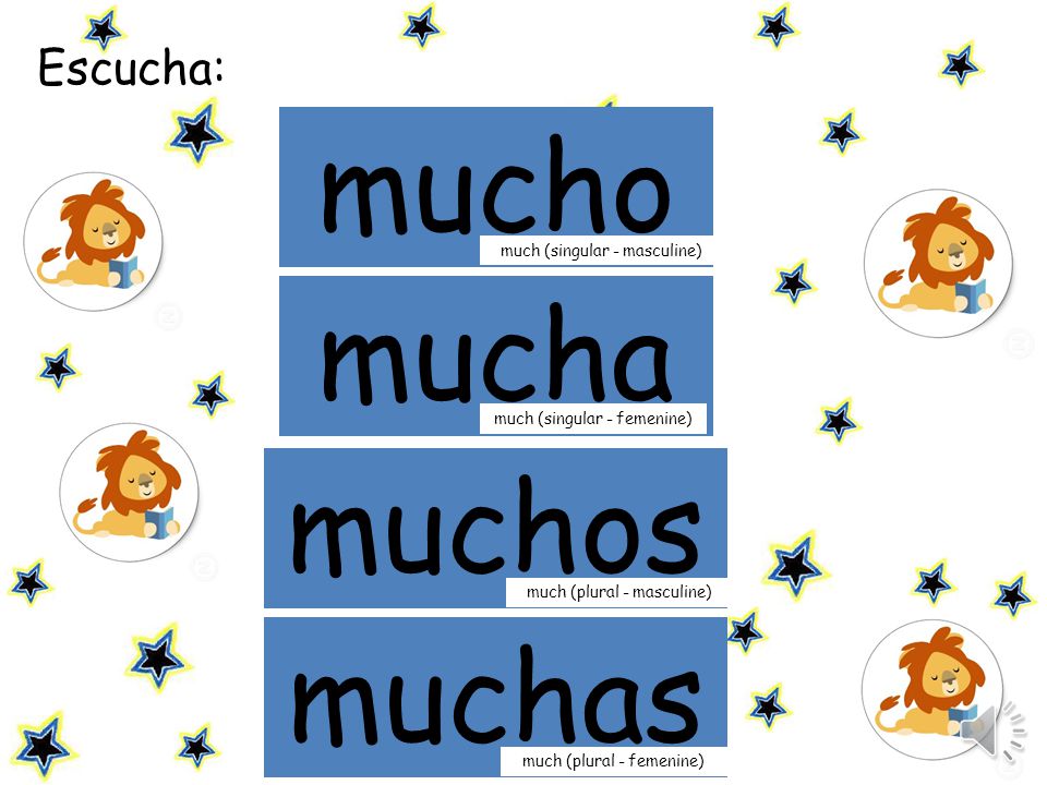 mucho mamá mucha muchos muchas Escucha: much (singular - masculine)