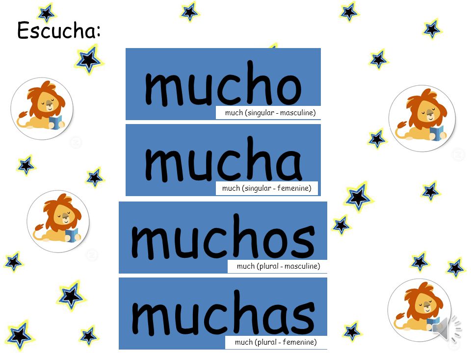 mucho mamá mucha muchos muchas Escucha: much (singular - masculine)