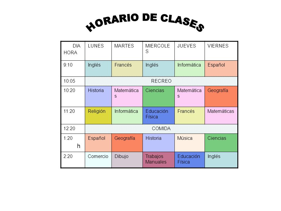 HORARIO DE CLASES h DIA HORA LUNES MARTES MIERCOLES JUEVES VIERNES