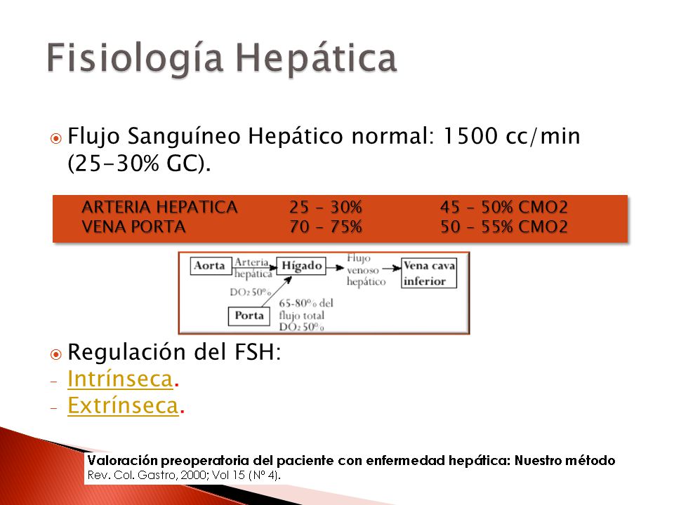 Fisiología Hepática Flujo Sanguíneo Hepático normal: 1500 cc/min (25-30% GC). Regulación del FSH: Intrínseca.