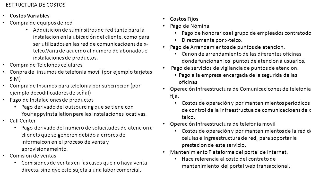 ESTRUCTURA DE COSTOS Costos Variables. Compra de equipos de red.