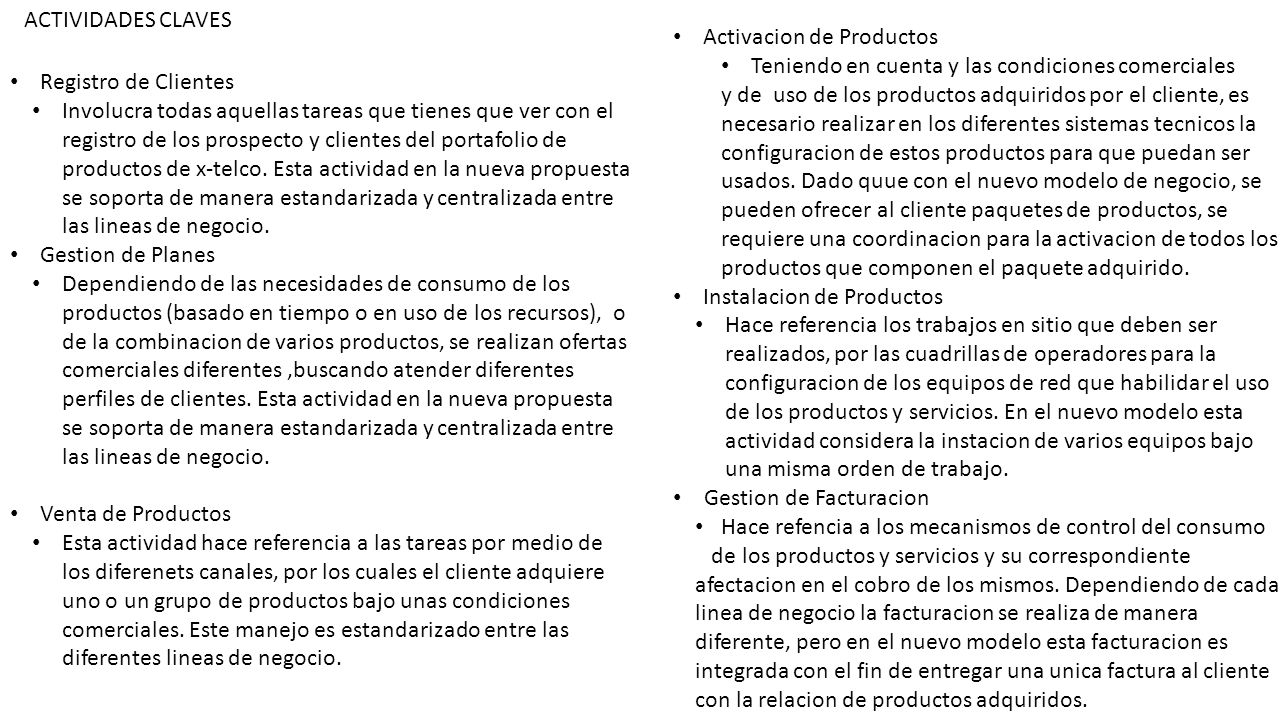 ACTIVIDADES CLAVES Activacion de Productos. Teniendo en cuenta y las condiciones comerciales.
