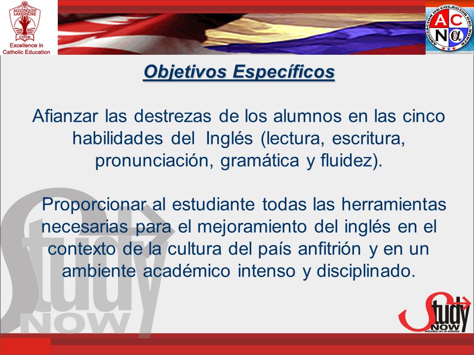 Objetivos Específicos Afianzar las destrezas de los alumnos en las cinco habilidades del Inglés (lectura, escritura, pronunciación, gramática y fluidez).